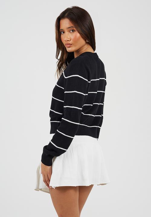 Brave Soul - All Over Fisherman Knit Cardi With Black Stripe And Black Buttons - Black/White Stripe