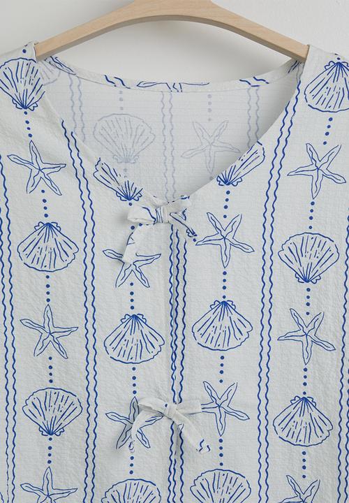 Pop Candy - Motif blouse and pants with halter top - white & blue