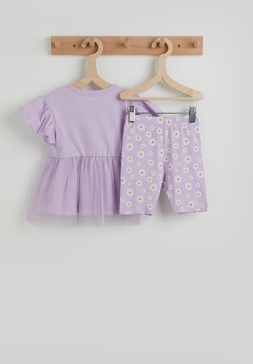 Pop Candy - Daisy printed peplum tee and cycling shorts - light purple