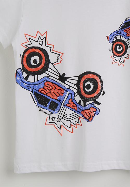 Pop Candy - Monster truck graphic with striped shorts - white/grey