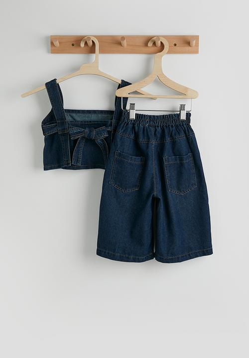 Pop Candy - Denim square neck top with bermuda pants - dark blue