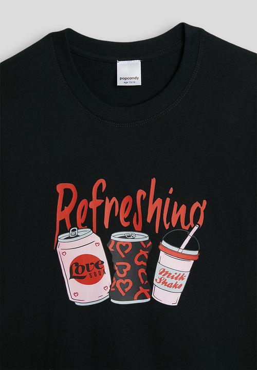 Pop Candy - Drinks graphic and sloga crew neck tee - black