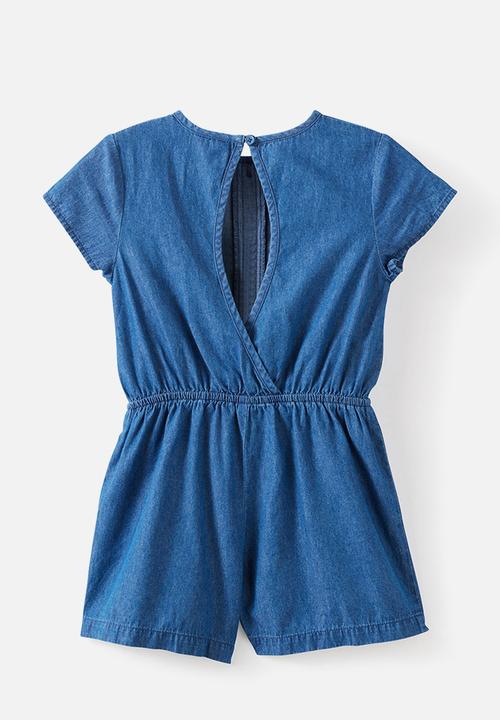 Cotton On - Woven Bow Playsuit - Mid Wash Blue