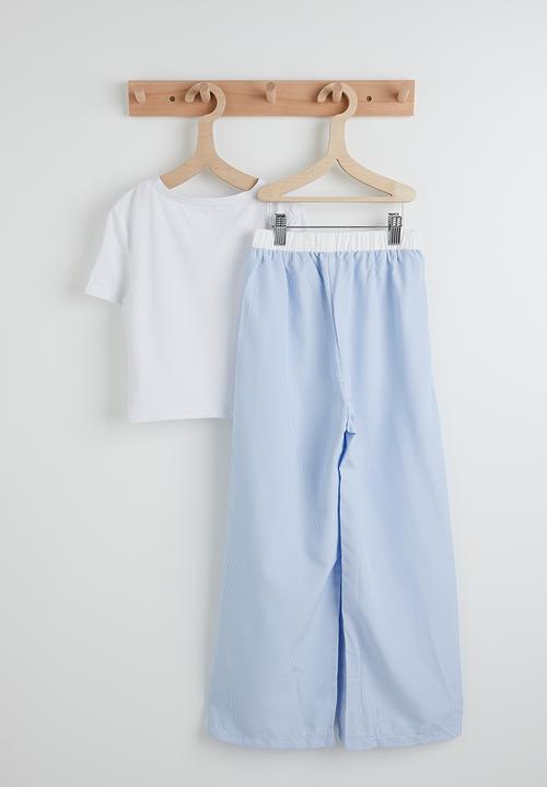 Pop Candy - Ruffle bow tee with pinstripe wide leg pants - white/blue
