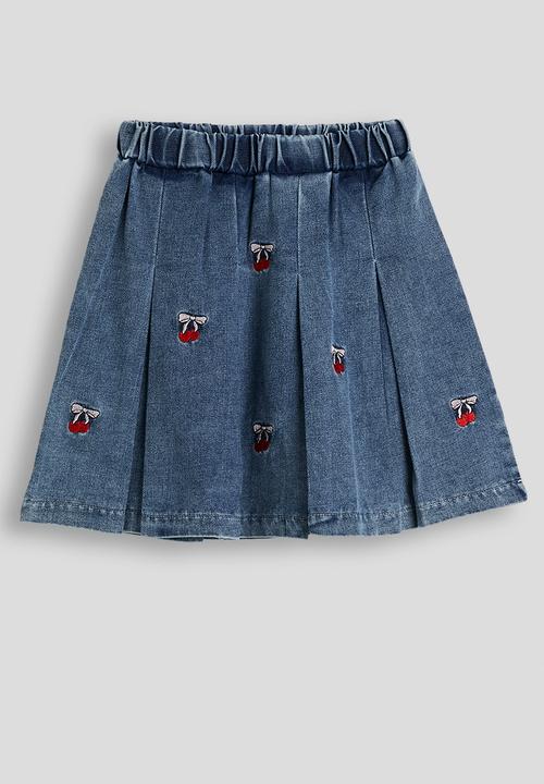 Pop Candy - Cherry embroidered tee and pleated denim skirt - pink/blue