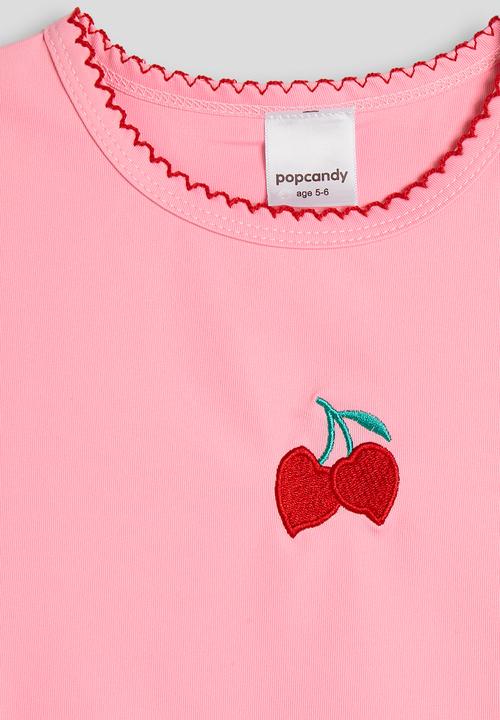Pop Candy - Cherry embroidered tee and pleated denim skirt - pink/blue