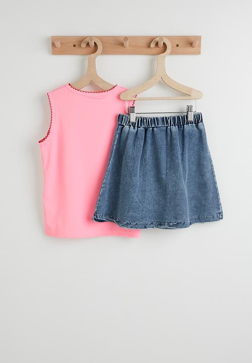 Pop Candy - Cherry embroidered tee and pleated denim skirt - pink/blue