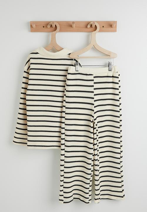 Pop Candy - Waffle knit lounge set - cream/black stripe
