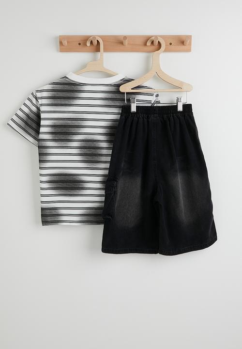 Pop Candy - Striped tee with denim cargo shorts - white/black