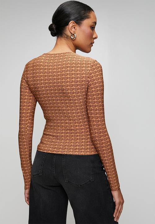Steve Madden - Ladies pamela top with gathers & gold trim - brown