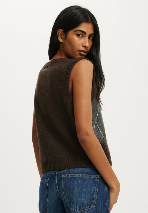 Cotton On - V-Neck Slouch Vest - Choc Argyle