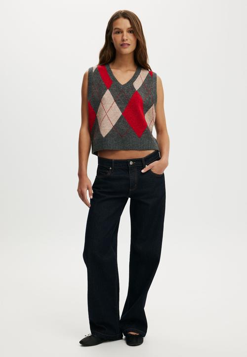 Cotton On - V-Neck Slouch Vest - Charcoal Red Petal Argyle