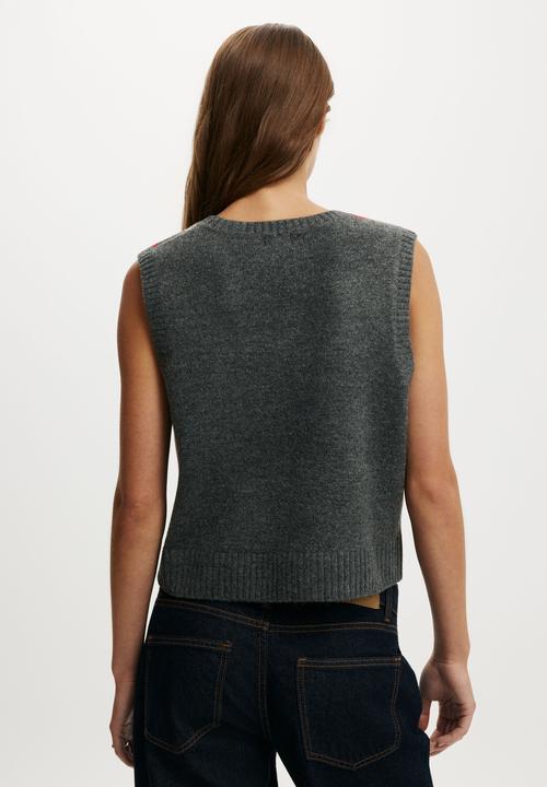 Cotton On - V-Neck Slouch Vest - Charcoal Red Petal Argyle