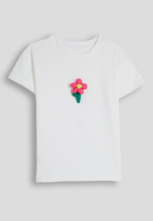 Pop Candy - Padded flower applique tee with denim skirt - white/hot pink