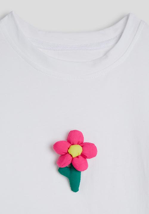 Pop Candy - Padded flower applique tee with denim skirt - white/hot pink