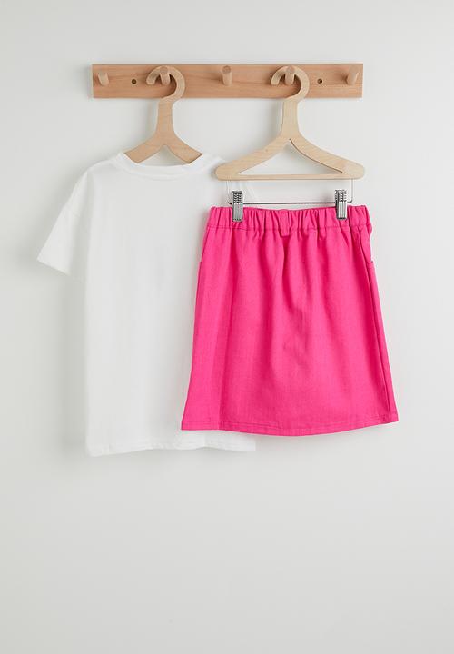 Pop Candy - Padded flower applique tee with denim skirt - white/hot pink