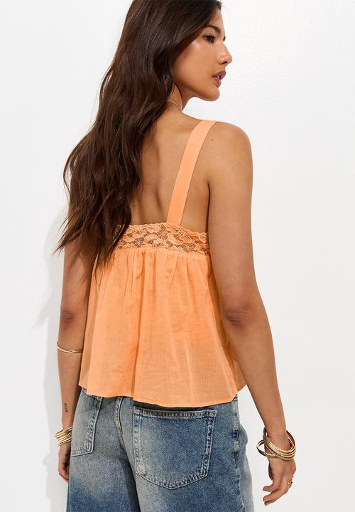 New Look - Cotton Semi Sheer Lace Panelled Cami Vest Top - Orange