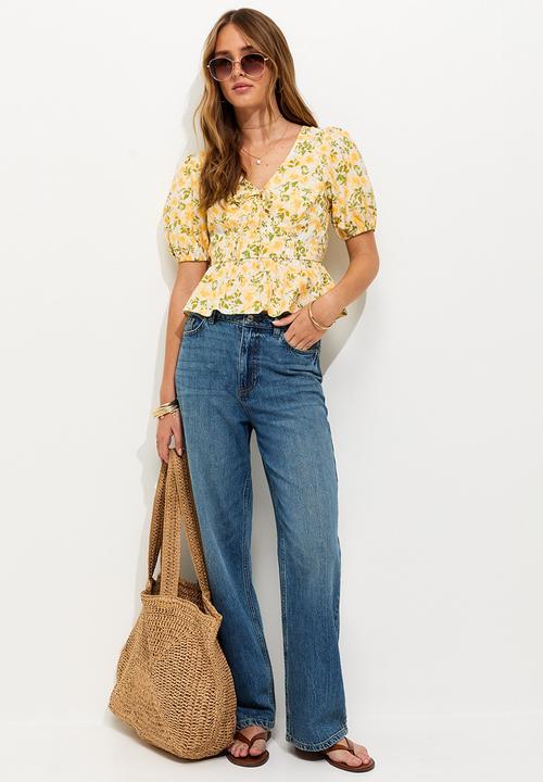 New Look - Floral Print V-Neck Top - Yellow 