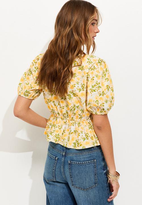 New Look - Floral Print V-Neck Top - Yellow 