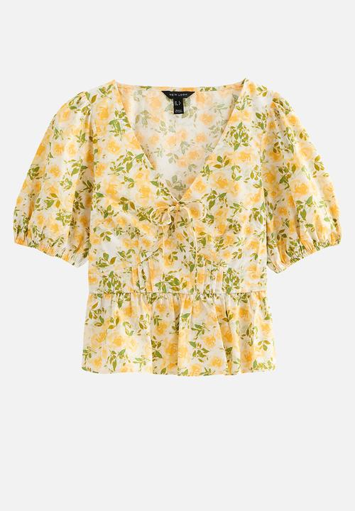New Look - Floral Print V-Neck Top - Yellow 