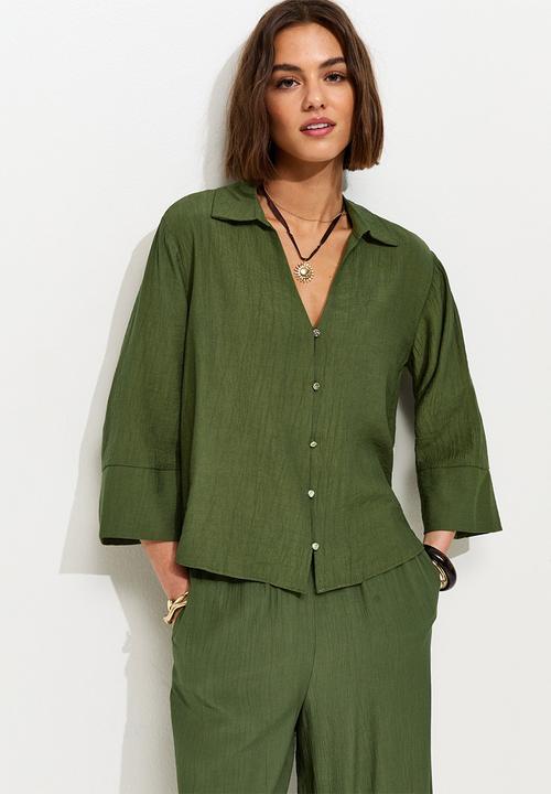 New Look - Crinkled Cropped Sleeve Shirt - Dark Khaki