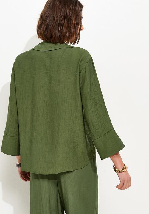 New Look - Crinkled Cropped Sleeve Shirt - Dark Khaki