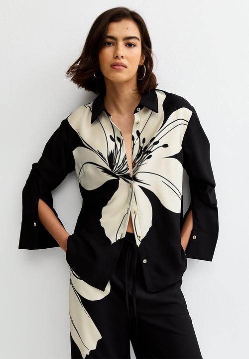 New Look - Large Lily Print Long Sleeve Shirt - Black
