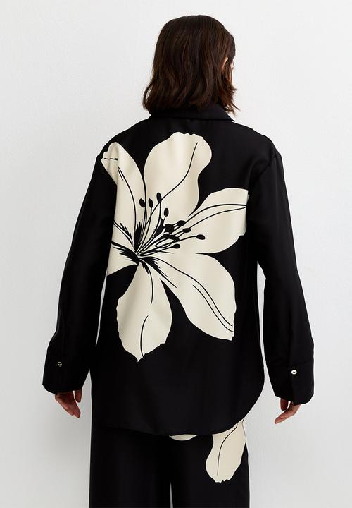 New Look - Large Lily Print Long Sleeve Shirt - Black