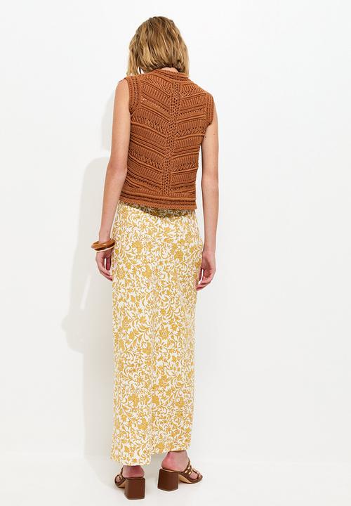 New Look - Linen Blend Floral Bias Cut Midi Skirt - Yellow 
