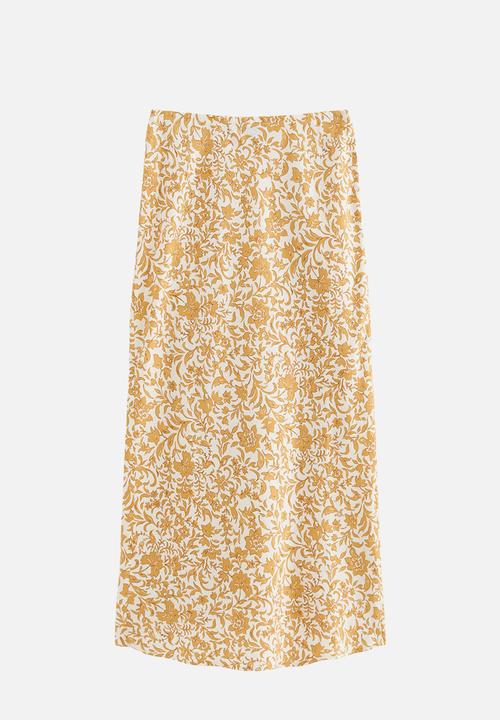 New Look - Linen Blend Floral Bias Cut Midi Skirt - Yellow 
