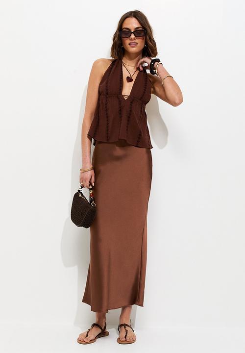 New Look - Satin Bias Cut Midi Skirt - Dark Brown