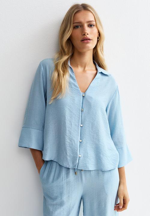 New Look - Crinkled Cropped Sleeve Shirt - Blue
