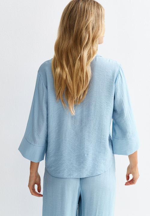 New Look - Crinkled Cropped Sleeve Shirt - Blue