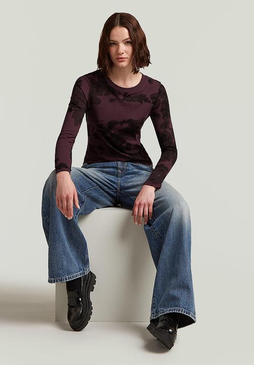 G-STAR - Aop slim r t l\s wmn - maroon forest camo