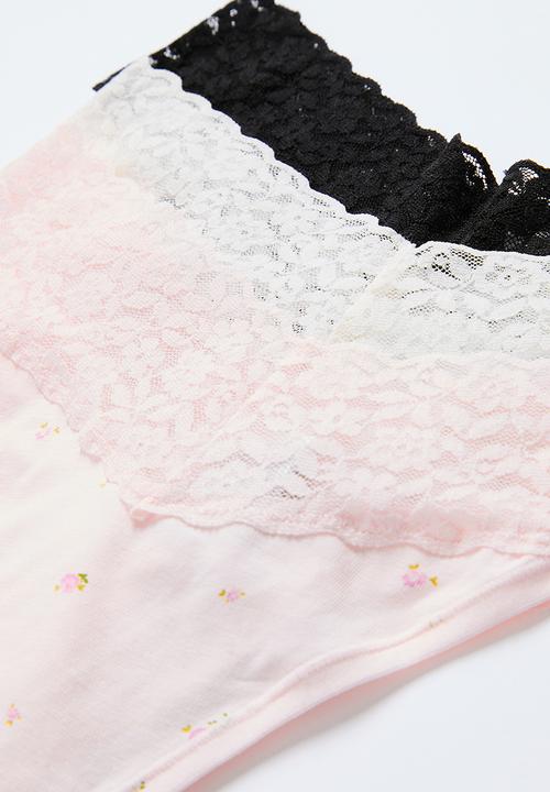 H&M - 3-Pack cotton and lace thong briefs - light pink/floral