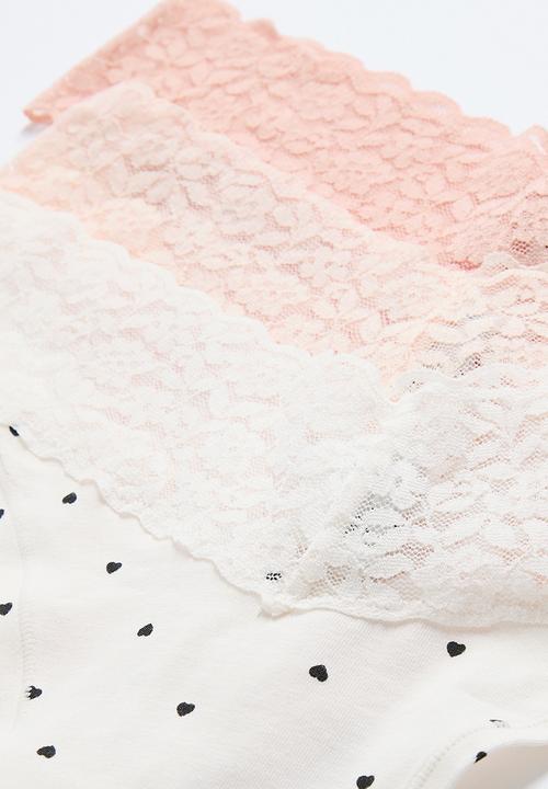 H&M - 3-Pack cotton and lace thong briefs - light pink/hearts