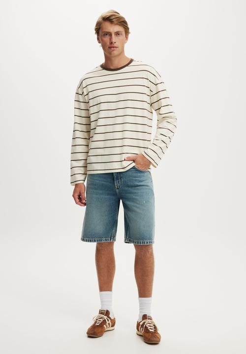 Cotton On - Cropped Fit Long Sleeve - Creampuff/Ashen Brown Stripe 