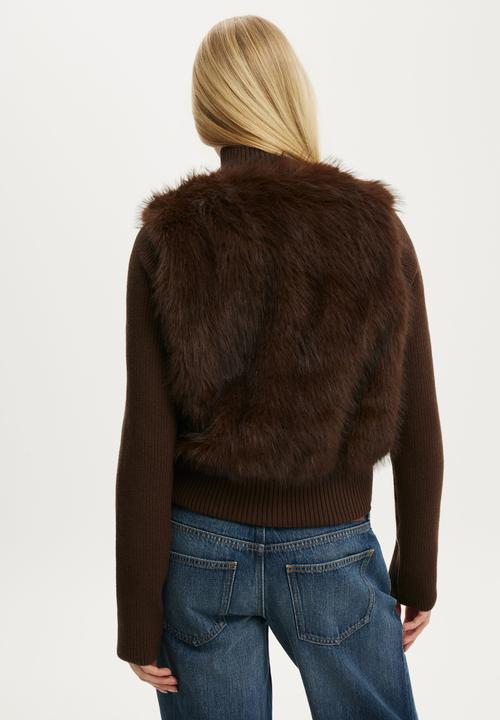 Cotton On - Faux fur knit jacket - chocolate brown