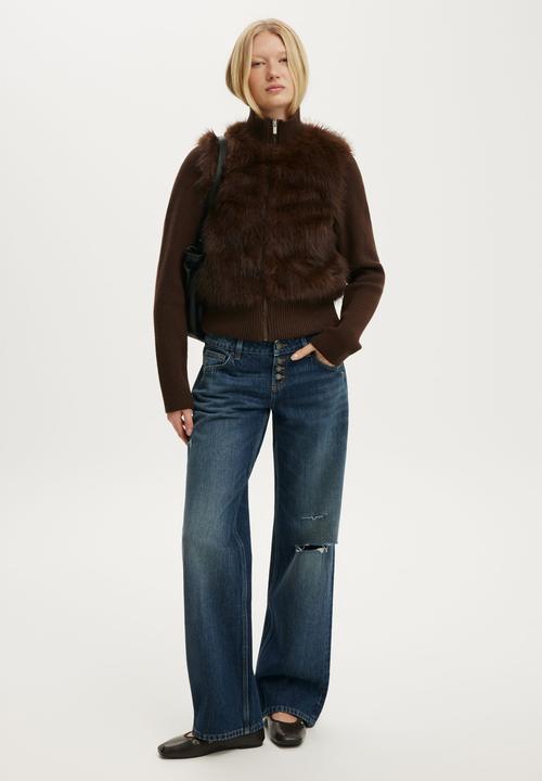 Cotton On - Faux fur knit jacket - chocolate brown