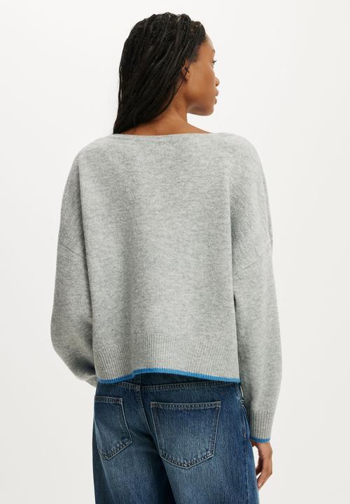 Cotton On - Luxe V Neck Knit - Grey Marle/Blue Tipping
