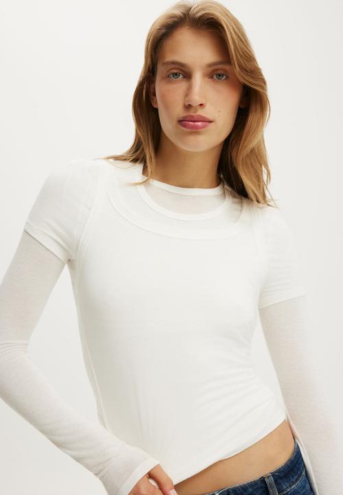 Cotton On - Sheer Layer Crew Long Sleeve - Vintage White