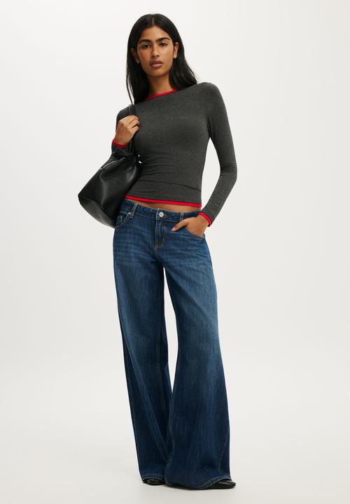 Cotton On - Double Layer Long Sleeve - Charcoal Marle/Red Petal