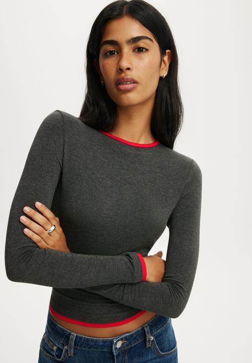 Cotton On - Double Layer Long Sleeve - Charcoal Marle/Red Petal