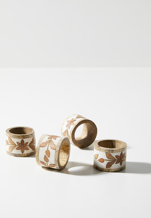 Sixth Floor - Inlay Napkin Rings Wood & White set 4