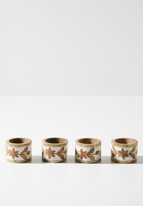 Sixth Floor - Inlay Napkin Rings Wood & White set 4