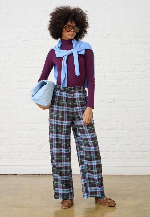 Me&B - Check Straight Leg Trousers - Burg/Green