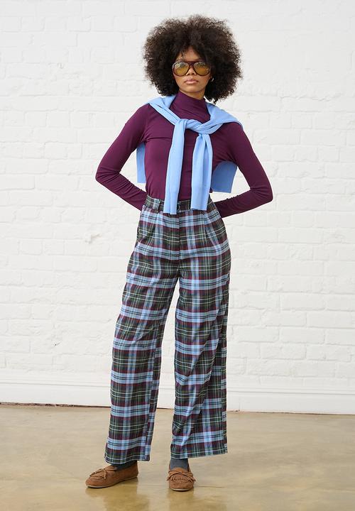 Me&B - Check Straight Leg Trousers - Burg/Green