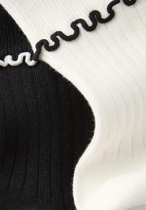 Cotton On - The perfect pair double frill rib crew sock 2 pack - pearl/black