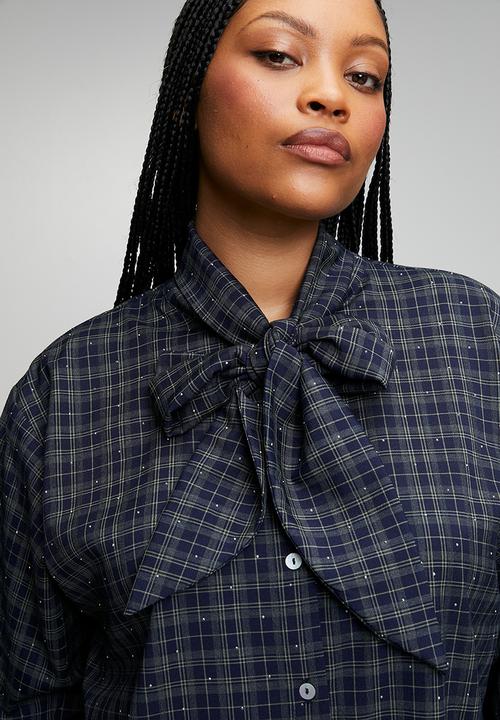 Me&B - Plus Bow Check Shirt - Green