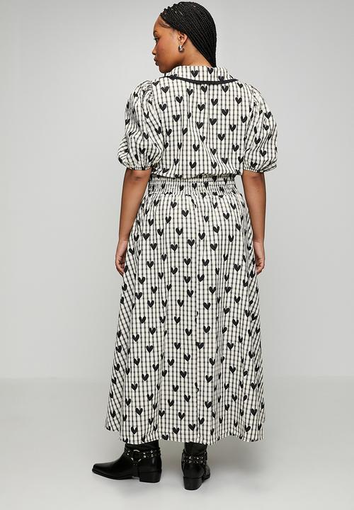 Me&B - Plus Check with Heart Shirred Midi Dress - White & Black 